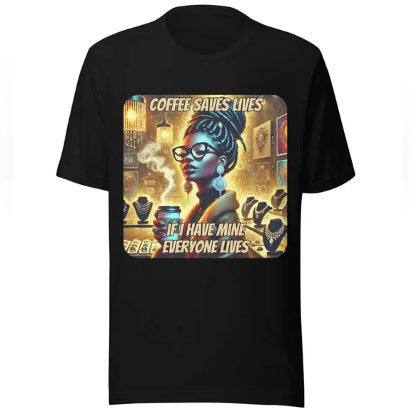 Black Graphic Tee with Coffee Saves Lives Design - Picture 2 of 10